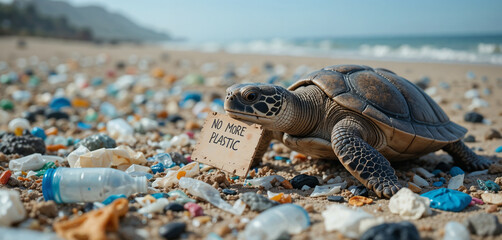 A sea turtle crawls on a beach covered in plastic waste. A small protest sign under its chin says No more plastic, with a copy space. A satirical idea from the protests of animals against climate chan