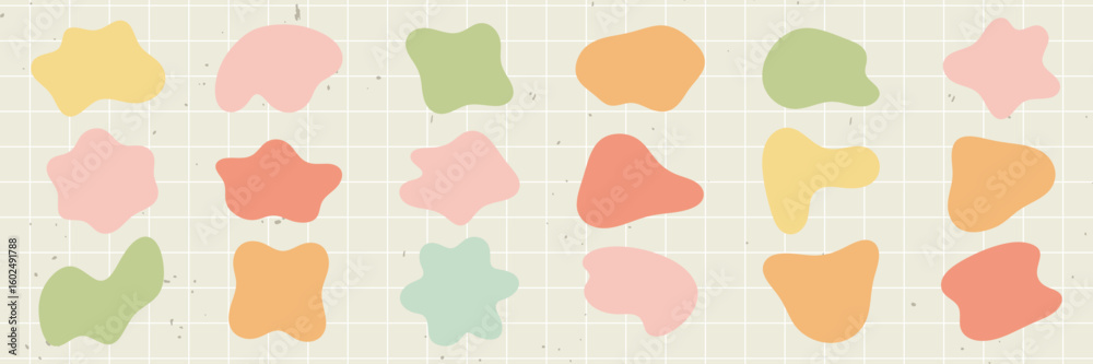 Poster Colorful abstract shapes in rows. Shapes include blobs and outlines in blue, green, orange, and yellow. Abstract shapes create a playful pattern. Colorful shapes, vector element set.
