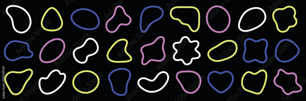 Poster Colorful abstract shapes in rows. Shapes include blobs and outlines in blue, green, orange, and yellow. Abstract shapes create a playful pattern. Colorful shapes, vector element set.