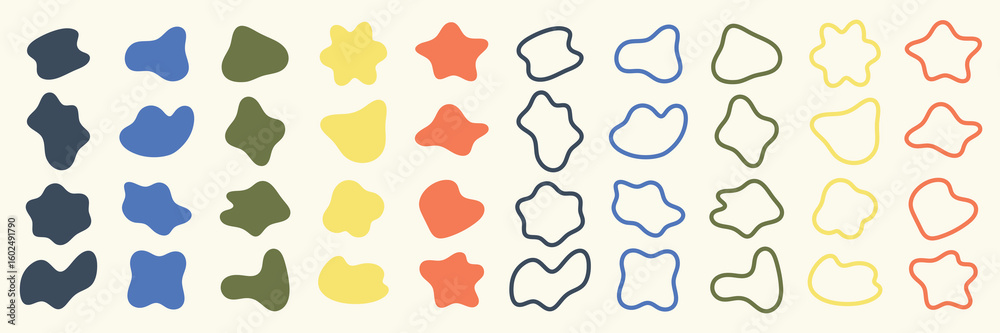 Poster Colorful abstract shapes in rows. Shapes include blobs and outlines in blue, green, orange, and yellow. Abstract shapes create a playful pattern. Colorful shapes, vector element set.