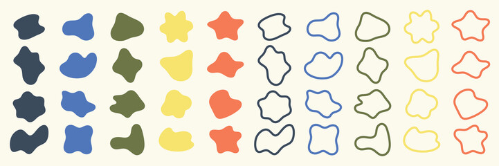 Colorful abstract shapes in rows. Shapes include blobs and outlines in blue, green, orange, and yellow. Abstract shapes create a playful pattern. Colorful shapes, vector element set.
