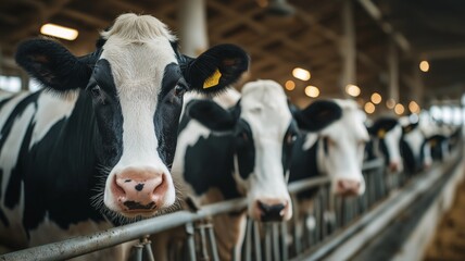 Cows gather in a spacious barn, their heads close to the feeding trough, looking curious and calm.