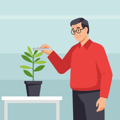 Man Measuring Green Plant Growth with Ruler in Pot on White Table