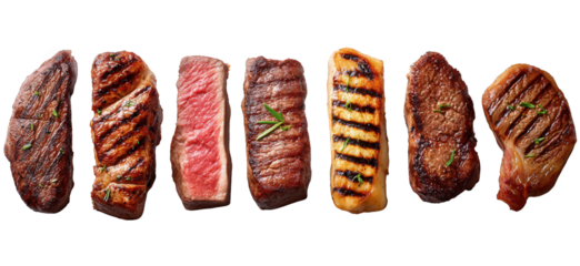 Seven diverse grilled meat cuts including steak one medium rare and a seasoned fish fillet transparent background