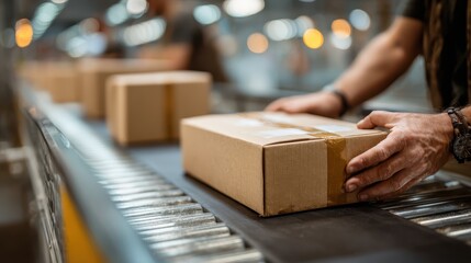 Hands place brown cardboard box on a conveyor belt in a warehouse. Illustrates e-commerce, shipping, and warehouse management processes.