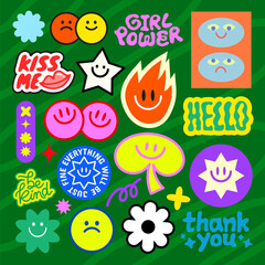 Colorful stickers with positive vibes, smiley faces, and motivational words Fun and cheerful, these stickers spread positivity and happiness Stay awesome, be kind! Funky stickers, vector set