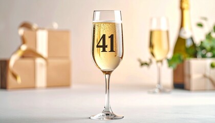 Glass of sparkling champagne with number 41 for 41st anniversary or birthday party