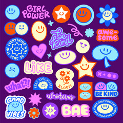 Colorful stickers with positive vibes, smiley faces, and motivational words Fun and cheerful, these stickers spread positivity and happiness Stay awesome, be kind! Funky stickers, vector set