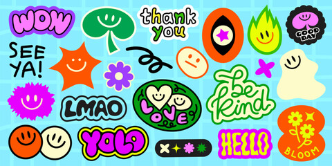 Colorful stickers with positive vibes, smiley faces, and motivational words Fun and cheerful, these stickers spread positivity and happiness Stay awesome, be kind! Funky stickers, vector set