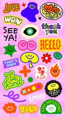 Colorful stickers with positive vibes, smiley faces, and motivational words Fun and cheerful, these stickers spread positivity and happiness Stay awesome, be kind! Funky stickers, vector set