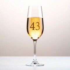 Glass of sparkling champagne with number 43 for 43rd anniversary or birthday party