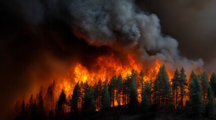 Massive forest wildfire spreading across hill flames engulfing trees thick black smoke billowing into sky intense natural disaster scene