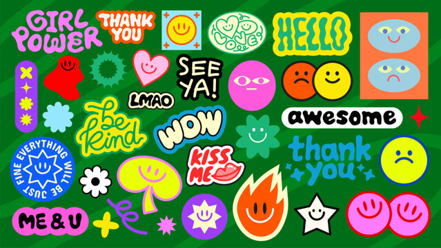 Colorful stickers with positive vibes, smiley faces, and motivational words Fun and cheerful, these stickers spread positivity and happiness Stay awesome, be kind! Funky stickers, vector set - Powered by Adobe