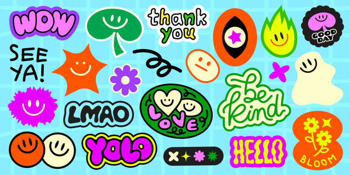 Colorful stickers with positive vibes, smiley faces, and motivational words Fun and cheerful, these stickers spread positivity and happiness Stay awesome, be kind! Funky stickers, vector set