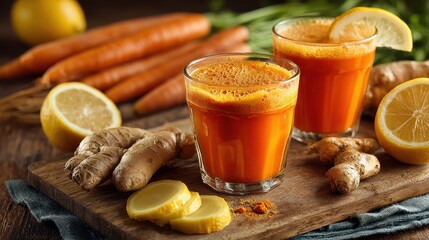 Two glasses of carrot juice with ginger, turmeric, and lemon on a wooden board. Showcase healthy eating and detoxifying beverages for wellness campaigns.