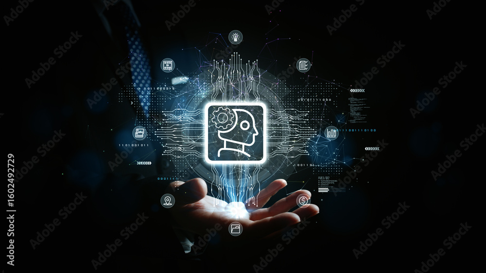 Poster ai brain icon with circuit lines and digital symbols hovering above a businessman’s hand, perfect fo