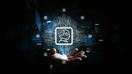 AI brain icon with circuit lines and digital symbols hovering above a businessman’s hand, perfect...