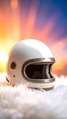 White Helmet Closeup on Fluffy Surface with Abstract Colorful Background
