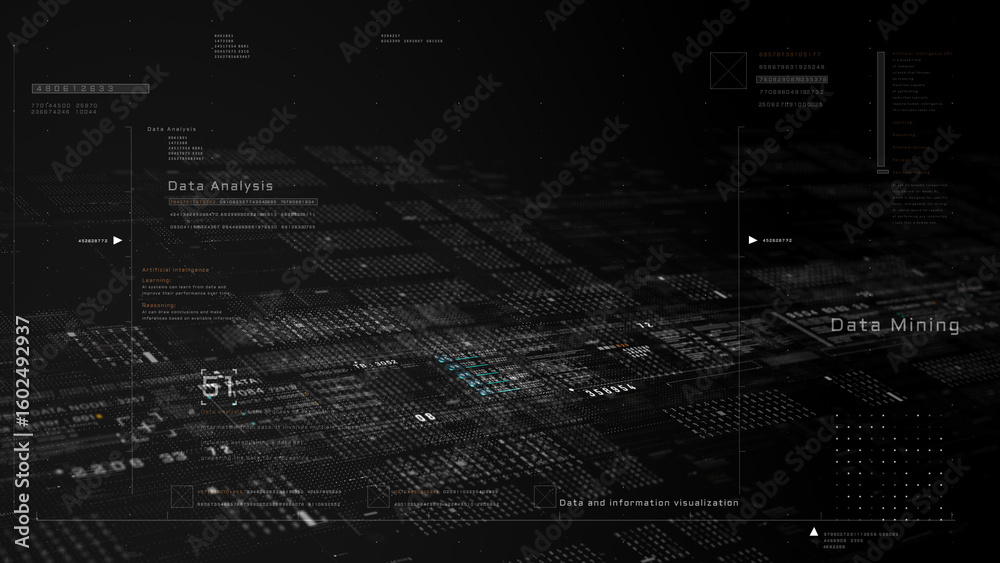 Poster high-tech data analysis and data mining digital interface with abstract information, numbers, techno