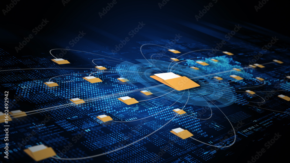 Poster abstract concept of data file sharing network showing folders connected across a glowing blue digita