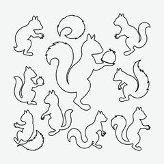 Minimalist Squirrels with Acorns and Nuts - Black and White Clipart
