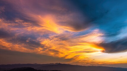 Fototapeta premium Dramatic golden hour sky with vibrant sunset hues blending into dynamic cloud formations, capturing nature's grandeur.