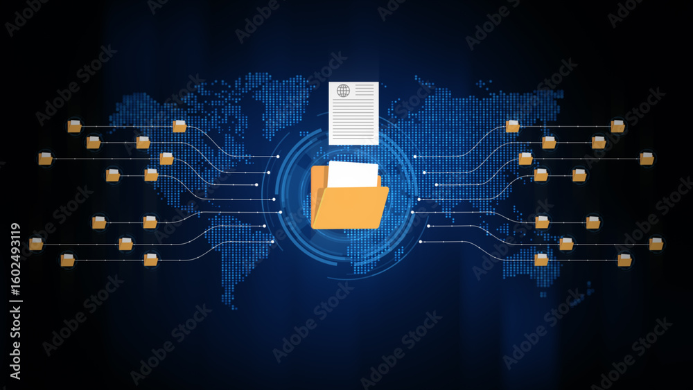 Poster technology big data global network, and document and file sharing network with connected folders on 
