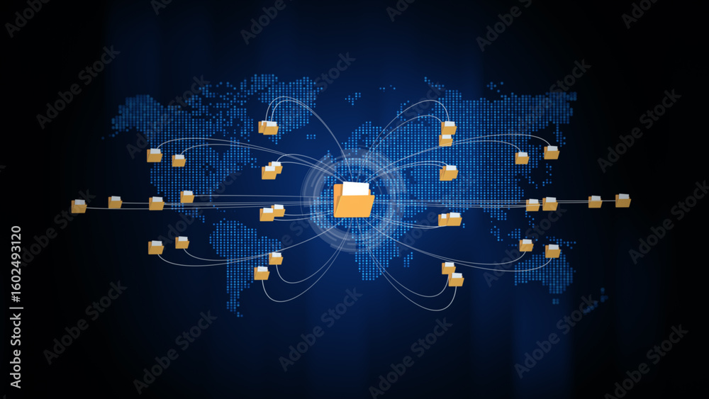 Poster global data file sharing network showing folders connected over a digital world map, and secure comm