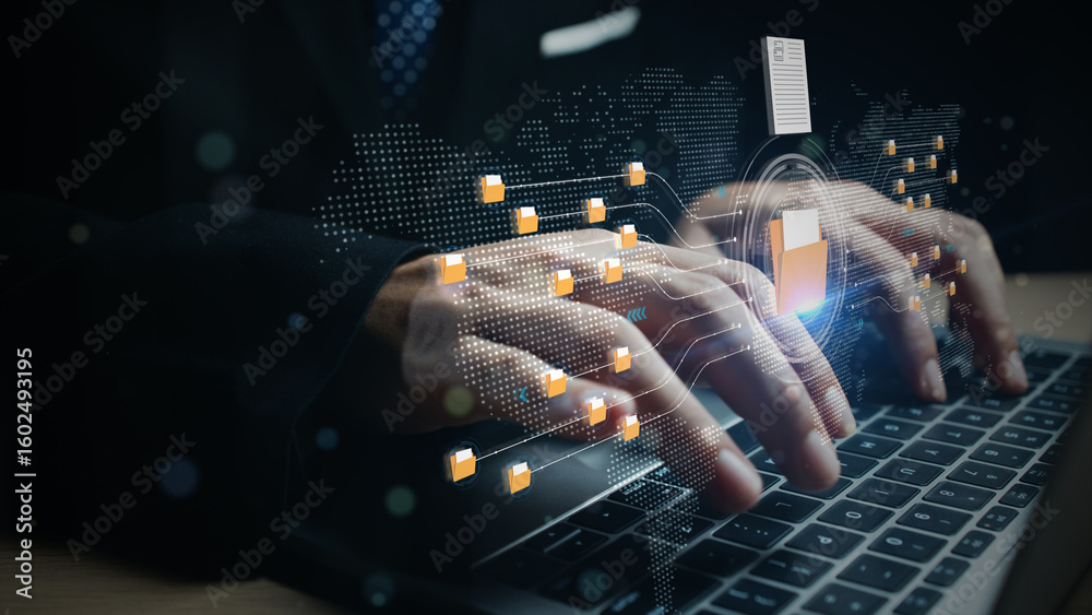 Poster hands on laptop keyboard with virtual document icons and data flow graphics, symbolizing secure onli