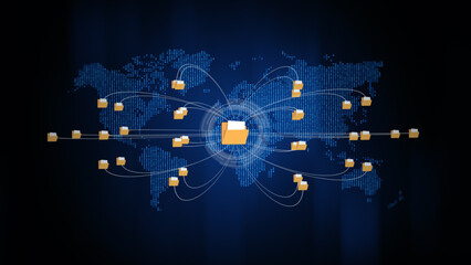 Global data file sharing network showing folders connected over a digital world map, and secure...