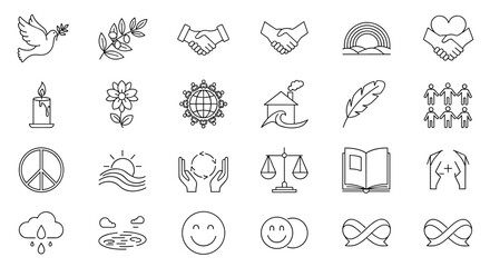 A collection of simple line art icons representing themes of peace, love, harmony, and global unity, perfect for design projects. for creative projects and professional design work