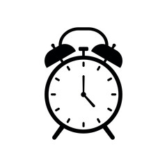 Minimalist black silhouette of a classic twin bell alarm desk clock. Minimal vector design ideal for time, schedule, reminders or deadline related concepts.
