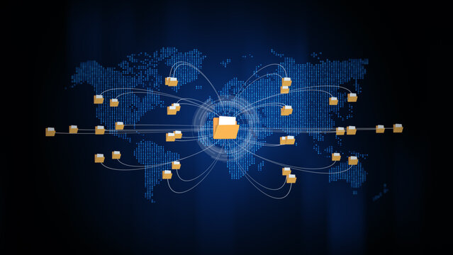 Global data file sharing network showing folders connected over a digital world map, and secure communication. Technology big data digital background. 3d rendering