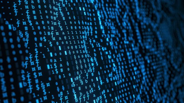 Abstract binary blue symbols flowing screen. Streams of computer code. Software blockchain database big data flow. Data matrix motion loop.