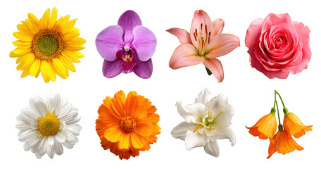Eight vibrant floral blooms sunflower orchid lily rose daisy marigold Studio shot isolate Flowers