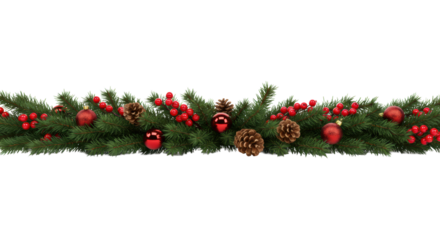 Horizontal christmas garland with deep green fir branches, vivid red berries, golden pinecones, and glossy red baubles on a transparent studio background, commercial holiday concept