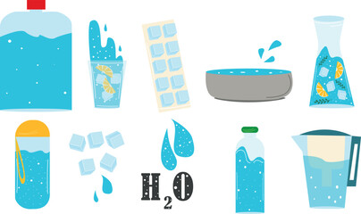 Different plastic and glass water packaging set. Bottle, jug, filter, glass and cup with fresh clean water. Design templates of packaging mockup cartoon vector
