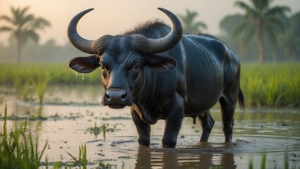 Obraz premium Water buffalo standing in a rice field with water, surrounded by lush greenery and palm trees at sunrise