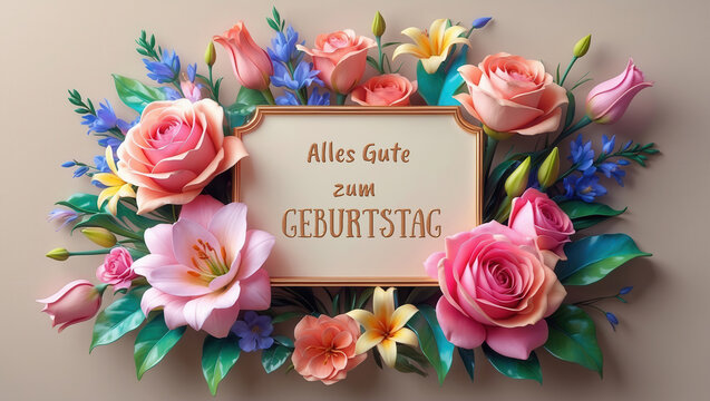 Floral arrangement with roses, lilies, and text "Alles Gute zum Geburtstag" meaning "Happy Birthday" in German