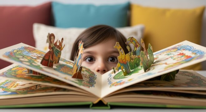 Child's Curious Eyes Reflecting a Pop-Up Book