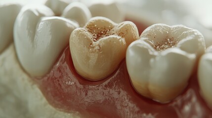 113.A highly detailed dental model with a focus on caries on the teeth and a partially visible wisdom tooth. The tooth model is placed on a sterile, white surface with ample space for adding text