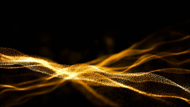 Golden particle waves glowing over a black background, ideal for tech, futuristic, or luxury themed visual content and digital backdrops. 3d rendering