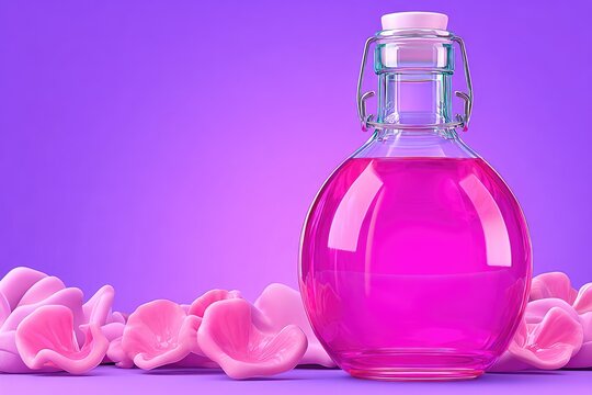 Pink elixir bottle, surrounded by petals