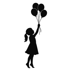 Silhouette of girl with balloons on white background.