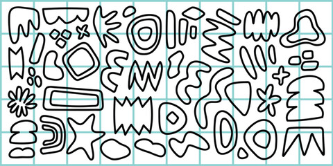 Abstract black line shapes on a background. Various geometric forms, wavy lines, and abstract shapes create a dynamic, artistic pattern. Modern and artistic. Black and white vector set.