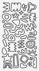 Abstract black line shapes on a background. Various geometric forms, wavy lines, and abstract shapes create a dynamic, artistic pattern. Modern and artistic. Black and white vector set.