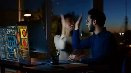 Office, night and teamwork with computer, colleagues and coding for project. Collaboration, software development and happy atmosphere in modern workplace for innovation. - Powered by Adobe