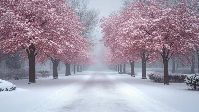 Serene Winter Wonderland with Pink Blossoms Snow-Covered Landscape and Peaceful Atmosphere