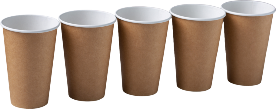 Disposable cardboard biodegradable cups on a white table, gray background.
