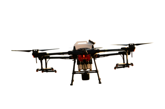 Agricultural technology smart farm concept. Farmer technicians remotely fly agricultural drones to fly to spray fertilizer in fields.